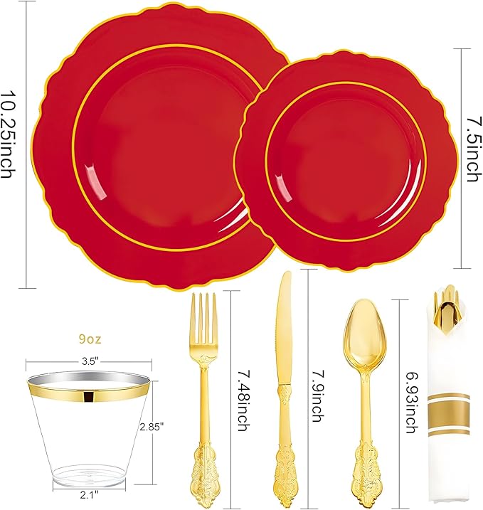 Liacere 350PCS Red Plastic Plates - Christmas Red Disposable Plates With Gold Rim - 50Guest Baroque Plastic Dinnerware include 100Plates-50Pack Pre Rolled Napkins with Silverware 50Cups for Christmas