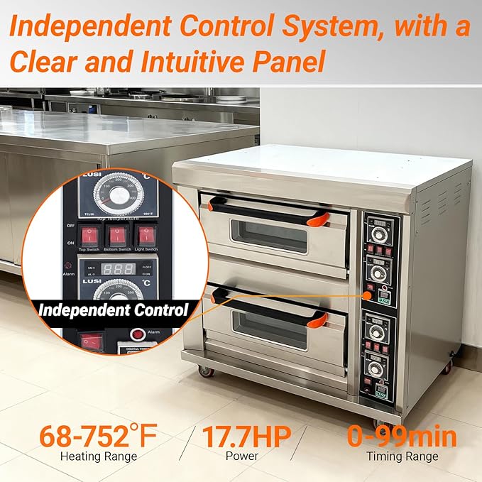 13.2KW Commercial Double Deck Oven Movable Stainless Steel Pizza Oven 20℃-400℃(68℉-752℉) Independent Temperature Control with 4 Baking Sheets For Commercial Baking 220V/3PH