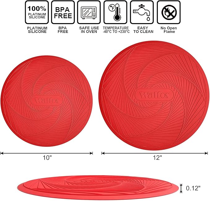 Walfos 12 10 Inch Silicone Microwave Mats, Microwave Splatter Cover for Food, Pot Holders for Kitchen, Non-Slip Heat Resistant Silicone Mats for Microwave, Oven, Hot Pan, Pot (Red)