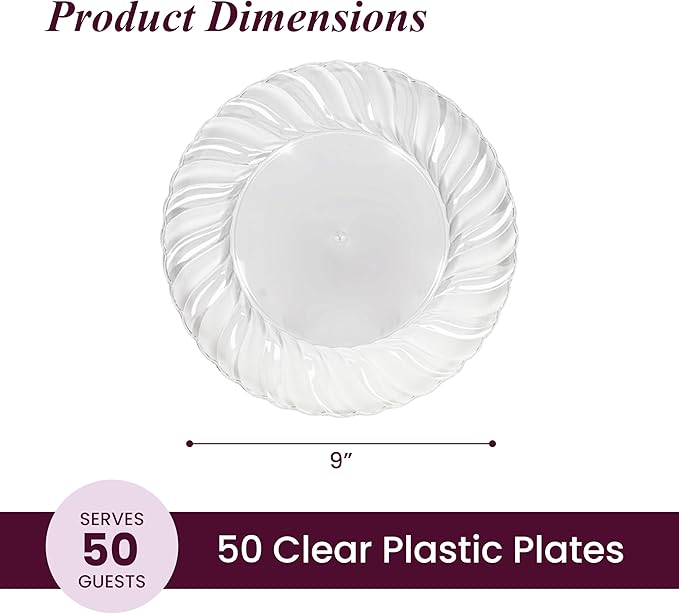 Aya's Cutlery Kingdom 50 Pack Clear Plastic Plates 9 Inch - Heavy Duty, Round, Disposable Plates for Parties, Weddings, and Events - Elegant Party Plate for Serving Appetizers, Salads, and Desserts