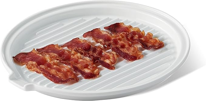 ONEMORE Microwave Bacon Tray Ceramic Bacon Cooker Meat Rack for Oven Cooking Crispy Bacon Maker - 11 inch Round Bacon Dish Plate, White
