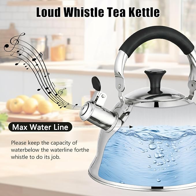 Stainless Steel Whistling Tea Kettle Stovetop - 3.1QT Tea Top Mirror Finish, 304 Stainless Interior, Foldable Handle, Fast Heating for Tea, Coffee & Gifts
