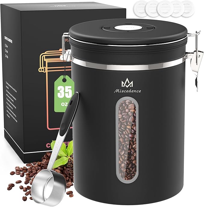 35OZ Airtight Coffee Canister with Lid - 304 Stainless Steel Kitchen Food Storage Container with Window, Date Tracker & Spoon, Suitable for Coffee Beans, Ground Coffee, Tea & Sugar