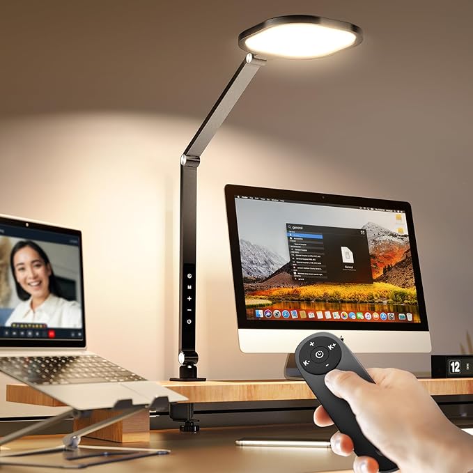 Desk Lamps for Home Office, 2000LM Eye-Caring Desk Light with Clamp, Dimmable Zoom Lighting with 3 Colors & 10 Brightness, Remote Computer Ring Light for Video Calls,Conference, Reading, CRI>97.8