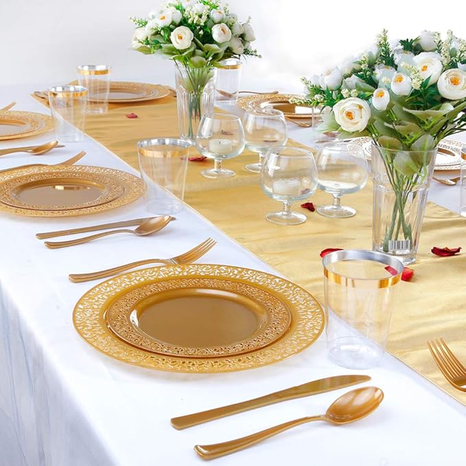 I00000 102 PCS Brown Gold Plastic Plates, Lace Design Disposable Plates, BPA Free Plates Includes: 51 Dinner Plates 10.25 Inch and 51 Salad/Dessert Plates 7.5Inch for Wedding and Party