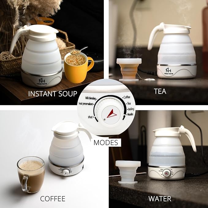 Nikao Home Foldable Electric Kettle With Milk Frother and Foldable Cup –Travel Kettle, Portable Tea Kettle for Travel, Mini Collapsible Water Warmer, Compact Design for Easy Storage and Quick Heating.