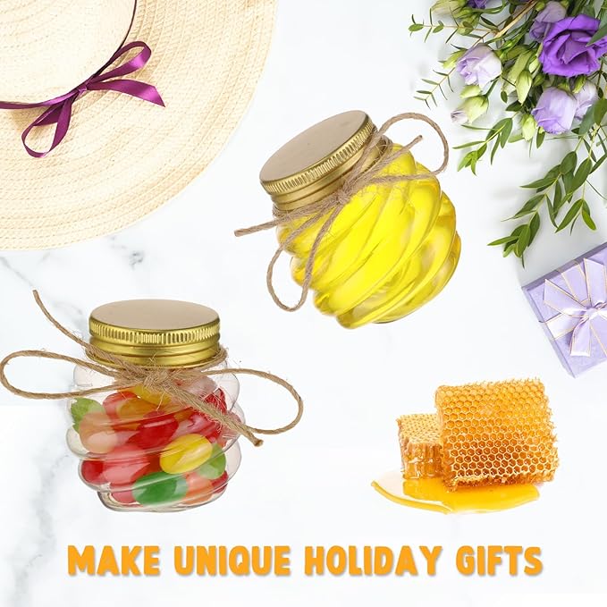 Suclain 50 Pcs 2 oz Mini Honey Jars Party Favors in Bulk Honeycomb Plastic Jars with Gold Lids Wide Mouth Canning Small Containers for Wedding Favors, Baby Shower DIY Gift Jelly Herb Jams Candy