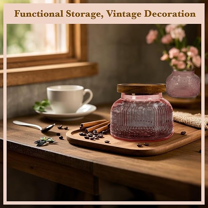 Decorative Pink Glass Jar with Airtight Wooden Lid 25.4 oz, Wide Mouth Vintage Kitchen Food Storage Container for Cookie Candy Honey Flour Spice Coffee Tea, Home Decor Sand Candle Holder Vase