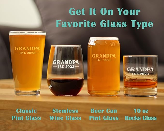 Bevvee Grandpa Est 2023 - New Grandfather Pint Glass Gift for First Time Grandparents - Bold 16 Oz Glasses