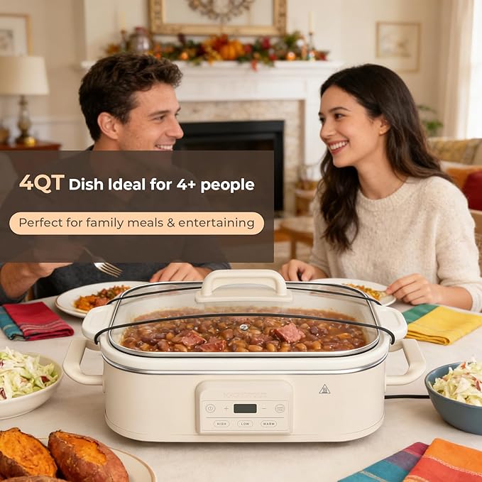 4 Quart Casserole Programmable Slow Cooker with Ceramic Baking Dish - Perfect Kitchen Small Appliance for Family Dinners, Oven Safe and Durable Bakeware for Lasagna, Roasts (Oatmeal)