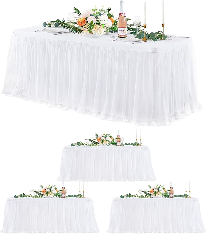 4 Pack White Tulle Tablecloths for 6 Foot Rectangular Tables, 72 x 30 Inch White Rectangle Table Cloth, Wrinkle Free Table Cover with Tutu Skirt for Wedding Birthday Party Banquet Buffet Decorations