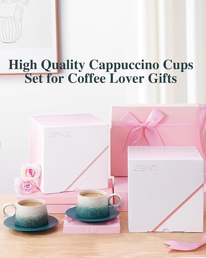 ZENS 7.3 Ounce Cappuccino Mug Set of 2, Artistic Embossed Cappuccino Cups Set with Saucers, Ceramic Coffee Cups for Double Espresso, Au Lait, Latte or Tea, Coffee Lovers Gifts, Dark Green