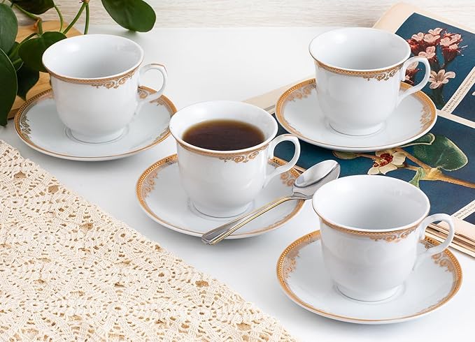 Gorgeous Porcelain Tea Set - 8 Piece White with Gold Floral Edge Design - 5.5 Inch Saucers, 6.5 oz Cups - For Parties, Cappuccino, Black Tea, Vintage Kitchen Decor (Floral Gold 3008, 8 Piece)