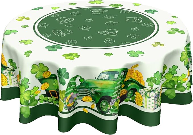 St Patricks Day Round Tablecloth 60 Inch Green St Patrick's Day Shamrocks Gnome Truck Table Cloth Spring Holiday Table Cover for Party Kitchen Dinner Home Decor