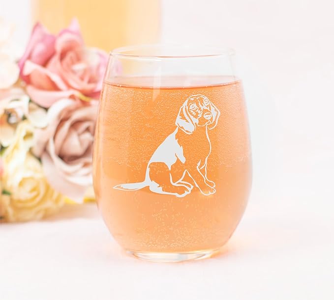 C M Beagle Dog Themed Stemless Wine Glass, 17 oz. - 1 Piece - Dog Lover Gift for Men and Women (Style B3)
