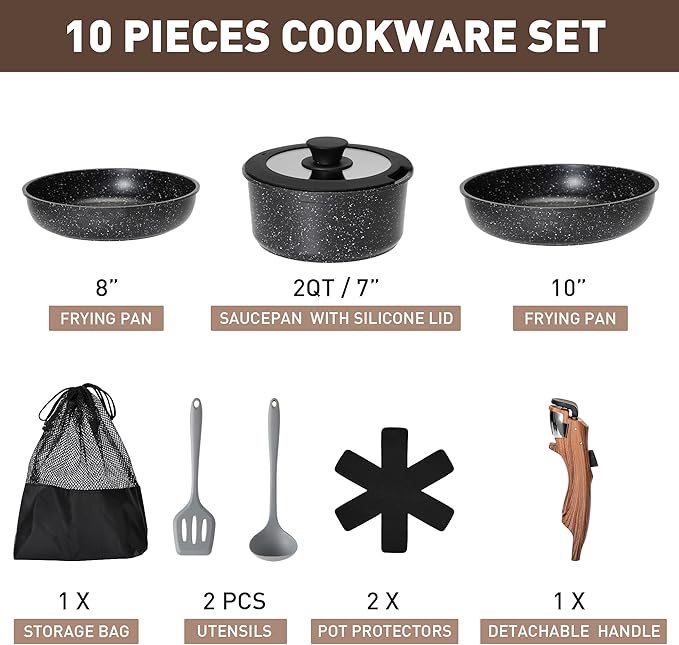 MAISON ARTS Detachable Handle Induction Pots and Pans Set, 10 Piece Non Stick Kitchen Cookware Sets, Stackable Black Granite RV Cooking Set for Camper