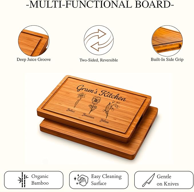 Personalized Cutting Boards for Mom - Grandma, Birth Flower Mother's Garden, Birthday Mothers Day Gift From Grandkids, Son - Daughter, Charcuterie Board for Mom's Kitchen, Valentines Day Gifts for Her