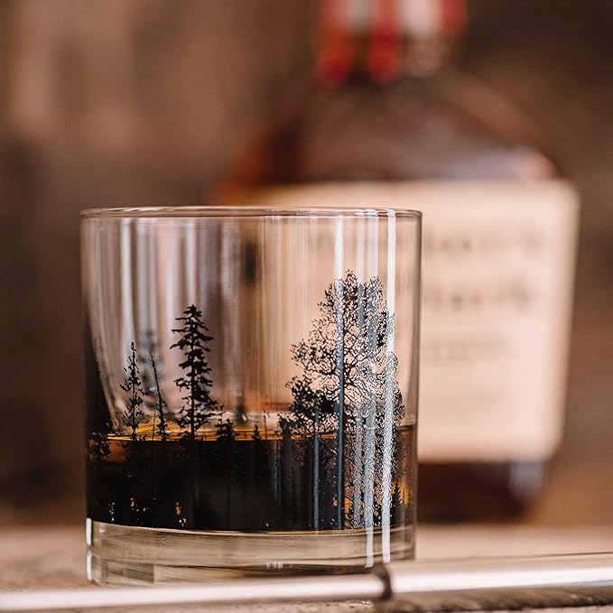 Black Lantern Single Whiskey Glass - Forest Landscape- 11oz. Low Baller Tumbler Solid Base - Bourbon Glass - Cocktail & Everyday Use Drinking Glasses for Nature Lovers (One 11oz. Glass)