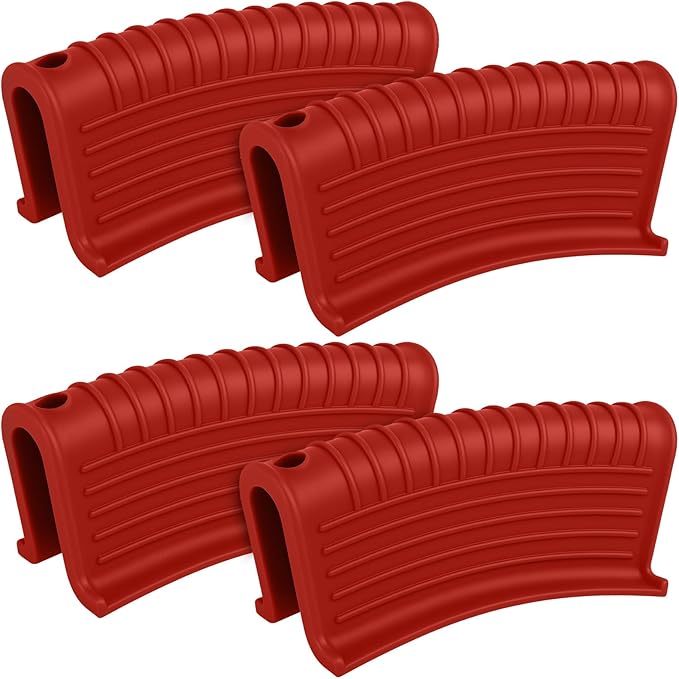 Patelai 4 Pcs Silicone Assist Hot Pan Handle Holder Pot Handle Covers for Cast Iron Skillets Holder Sleeve Nonslip Heat Resistant Pan Cover for Enameled Griddles Casserole Frying Cookware(Red)