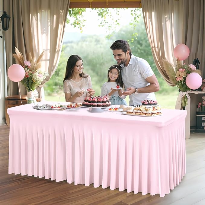 2 Packs Baby Pink Spandex Tableclothes for 8 Foot Rectangle Table, Spandex Table Covers 8FT Stretch Table Skirts Rectangle Wrinkle Free Fitted Table Cover for Event, Wedding, Banquet & Parties