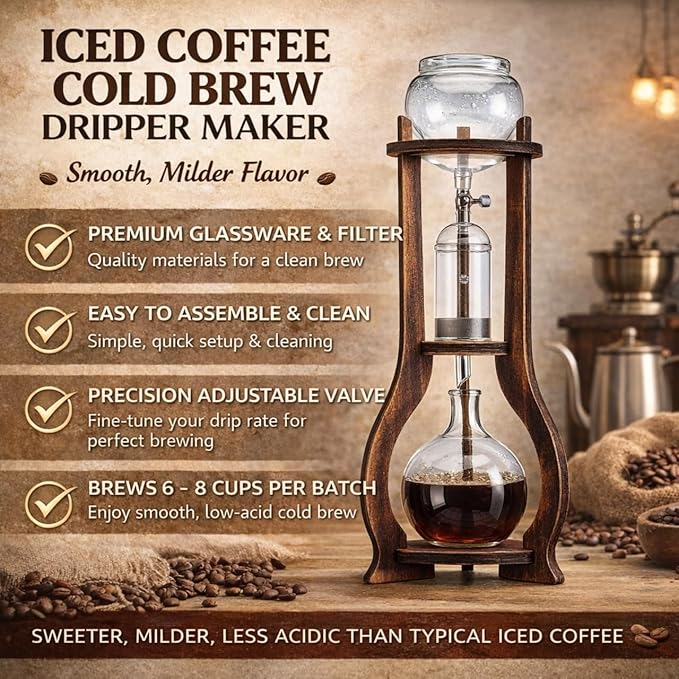 Nispira Iced Coffee Cold Brew Drip Tower Coffee Maker, 6–8 Cup Manual Cold Brew Brewer with Adjustable Valve, Wooden Frame & Glassware, Slow Cold Extraction System