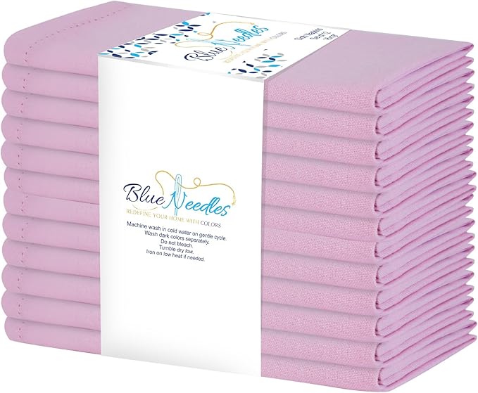 Blue Needles Set of 12 Hemstitch Linen Napkins 100% Cotton Blush Pink Cloth Dinner Napkins 18x18 inches, Soft, Reusable, Absorbent, Washable, Ideal for Wedding Events, Parties & Everyday Use