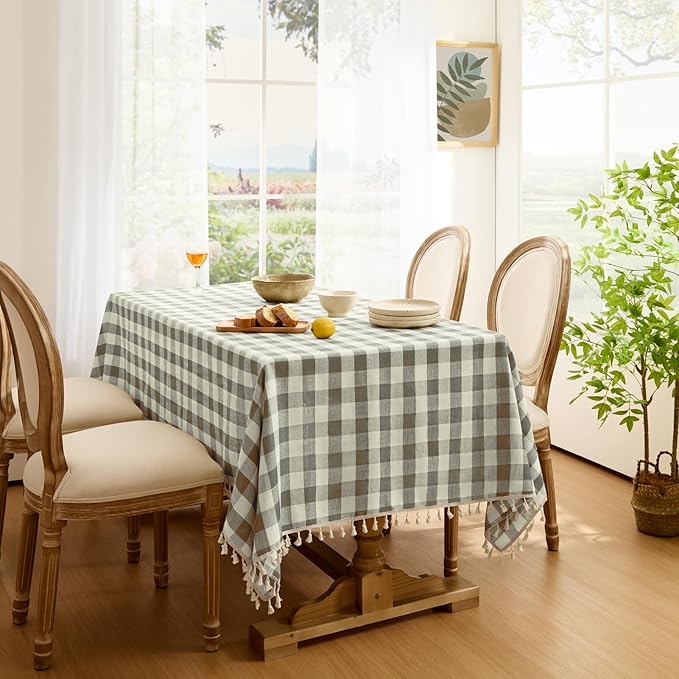 Softalker Checkered Tablecloth Rectangle, Outdoor Linen Cotton Gingham Table Cloth with Tassel, Heavy Duty Wrinkle Free Buffalo Plaid Table Cover for Kitchen Dining Home Party - 55 x 120 Inch, Coffee