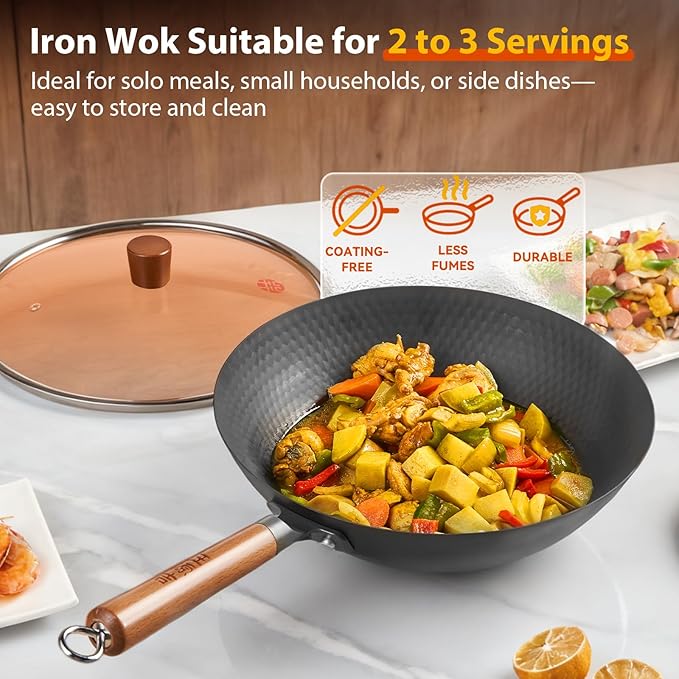 WANGYUANJI 12.6 Inch Carbon Steel Wok with Lid and Metal Spatula, Flat Bottom Uncoated Lightweight Wok Pan with Wooden Handle for Stir-Fry, Gas, Electric and Induction