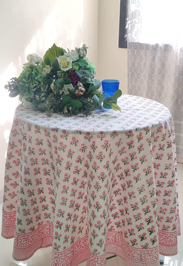 ATOSII Gulbahar White Pink 100% Cotton Spring Summer Round Tablecloth, Block Print Table Cloth for Dining, Weddings, Outdoors, Parties, Grand Millenial Home Decor 72" Inches I