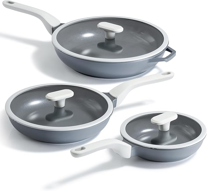 PRICUSIS 8Pcs Ceramic Nonstick Frying Pan Set with Lid, 8+10+12 Inch Induction Compatible Skillet with Stay Cool Handle, Fully Coated, 100% Dishwasher Safe, PFAS & PTFE & PFOA Free (Blueberry Gray