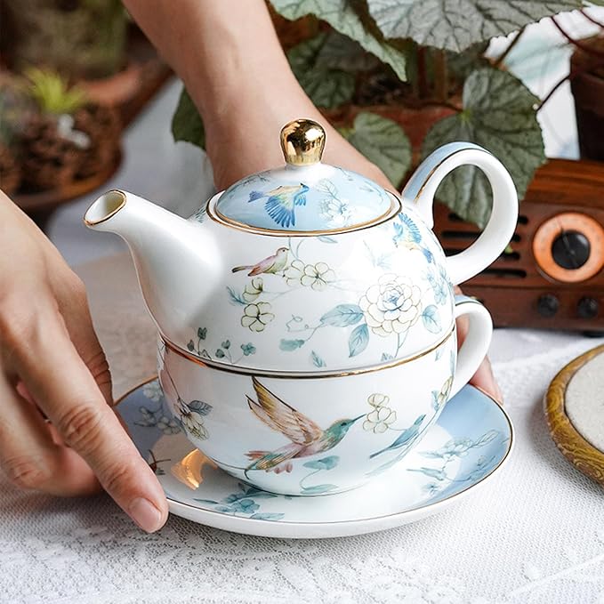 Porcelain Tea for One Teapot and Cup Set, Vintage Floral Porcelain Tea Pot Sets Gift for Women