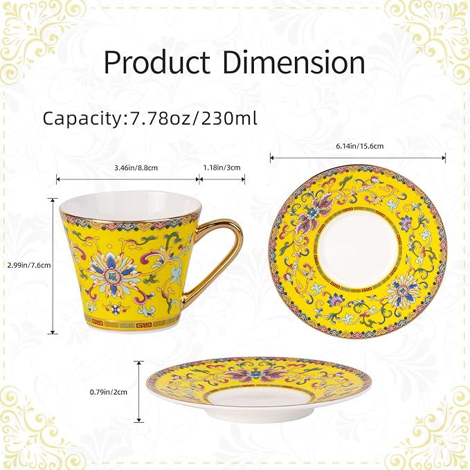 KAMMAK Tea Cups and Saucers Set of 2, Porcelain Coffee Cups with Saucer for Espresso, Cappuccino, 9oz Vintage Noble Yellow Ceramic Novelty Mug for Home, Tea Party, Office