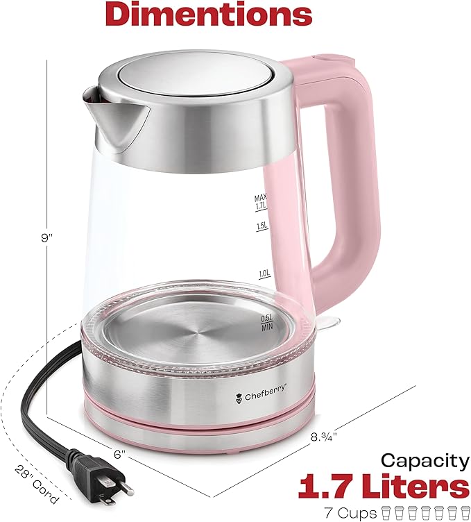 Electric Kettle for Boiling Hot Tea & Water | 1.7L Stainless Steel Borosilicate Glass Boiler With No Plastic, Automatic Shutoff, BPA Free, Fast Heating Technology (Pink)