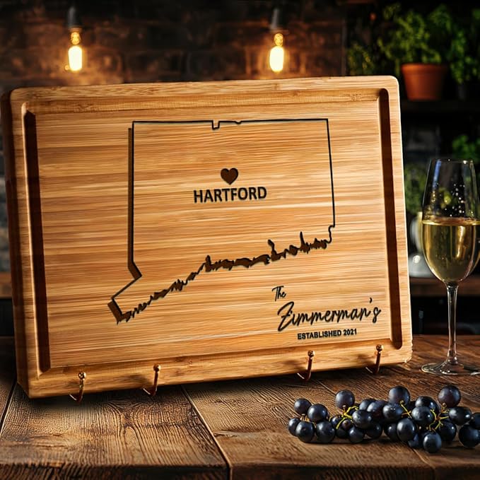 Connecticut Engraved Cutting Board, Wood State Home Gifts, Personalized Connecticut Map Gifts, Wooden Destination Cutting Board