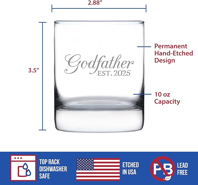 Custom Godfather Est 20XX - New Godfather Whiskey Rocks Glass Proposal Gift for First Time Godparents - Personalized Decorative 10.25 Oz Glasses