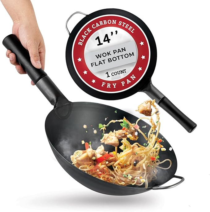Restaurantware-Motomori 14 Inch Pre-Seasoned Carbon Steel Wok, 1 Traditional Japanese Wok - Flat Bottom, Wooden Handle, Black Carbon Steel Traditional Stir Fry Pan, With Helper Handle