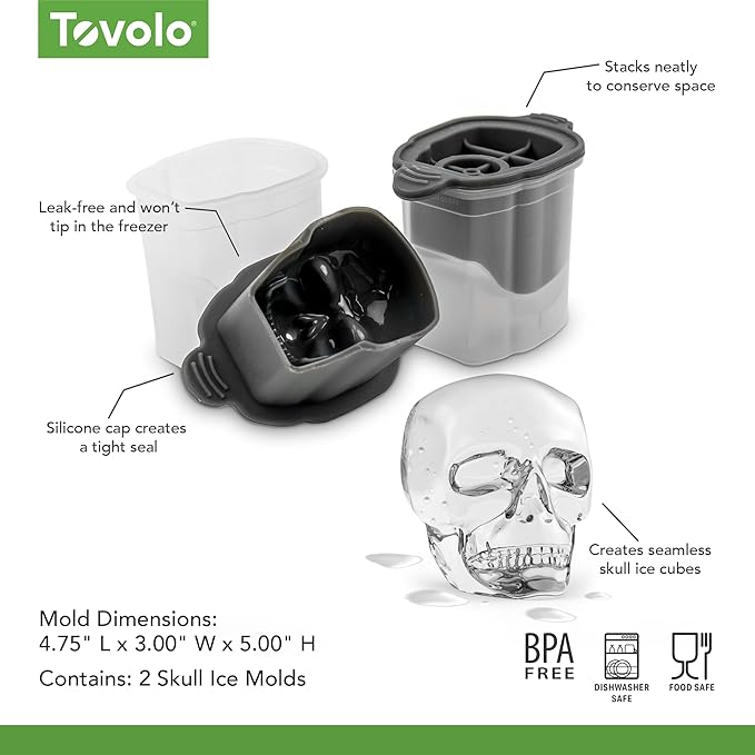 Tovolo Skull Ice Cube Mold Pack of 2 Craft Ice Molds for Whiskey Bourbon Cocktails, Easy Fill No Leak Silicone Skeleton Skull Shaped Ice Cube Gifts for Men, Dishwasher Safe BPA Free Large Skull Mold