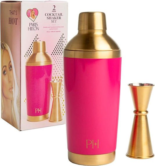 Paris Hilton 2-Piece Cocktail Shaker Set, Double Wall Insulated Stainless Steel Mixer with Built-In Strainer and Double-Sided Jigger, 20-Ounce, Gold and Hot Pink