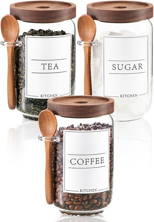 KOSKIMER Coffee and Sugar Container Set, Glass Coffee Jars with Wooden Lids and Scoops, Decorative Sugar Tea Creamer Canisters for Kitchen Countertop (25oz)