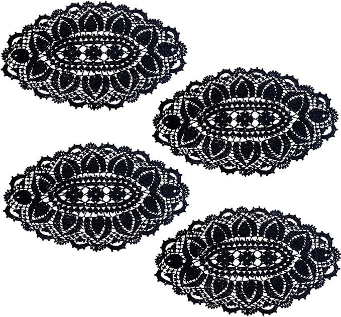 BIBITIME Lace Tablecloth Doily Handmade Crochet Placemat Women Vase Mat Kitchen Table Runner (4PCS- 12 x 22 in, Black)