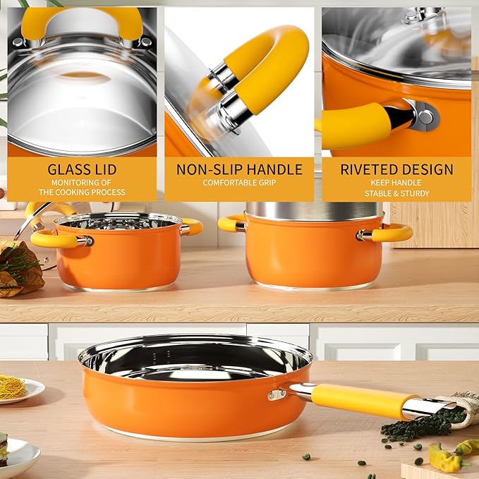 Pots and Pans Set, Stainless Steel Orange Cookware Set of 6, 4 3 QT Steamer Pot Frying Pan, Compatible with All Stovetops, Gift for Kitchen Decor