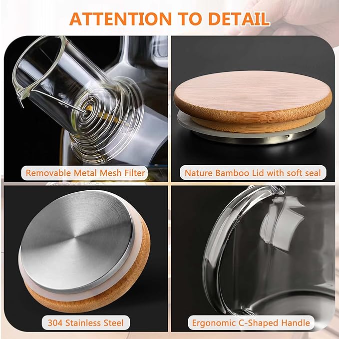 Glass Tea Pot Kettles Stovetop Safe, 33.8oz/1000ml Heatproof Borosilicate Glass Teapot Water Pitcher With Bamboo Lid and Removable Filter Spout for Loose Leaf and Blooming Tea