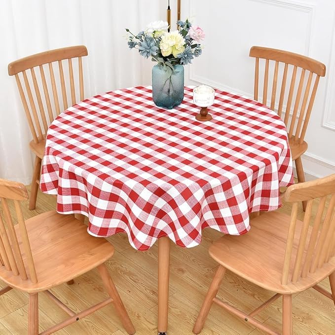 Gingham Table Cloth for Round Tables red Checkered Plaid Tablecloth Heavy Duty Cotton Blend Washable & Wrinkle Table Cover for Outdoor Kitchen Dining Picnic Camping (60 inch Diameter)