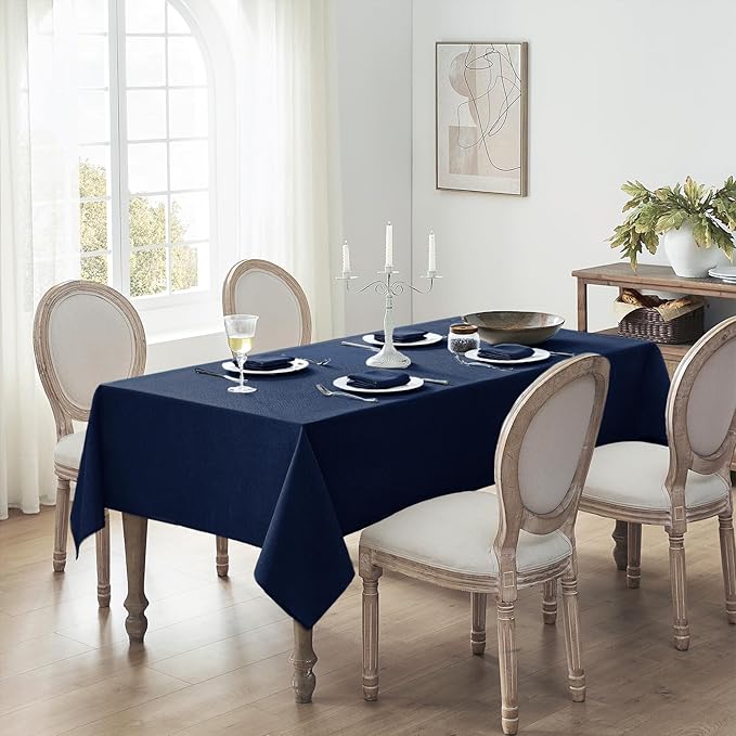 Softalker Navy Blue Large Rectangular Table cloths 60x104 inch Faux Linen Tablecloth Outdoor Waterproof Stain and Wrinkle Resistant Table Cover for 6/8 foot Rectangle Dining Table for Party Graduation