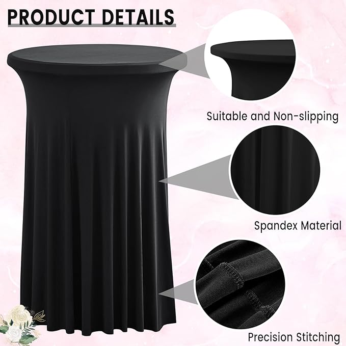 Qubjus 2 Pack Round Cocktail Table Covers with Skirt Stretch Spandex Tablecloth 24"x43" Cocktail Round Tablecloth for Party Wedding Birthday Banquet, Black