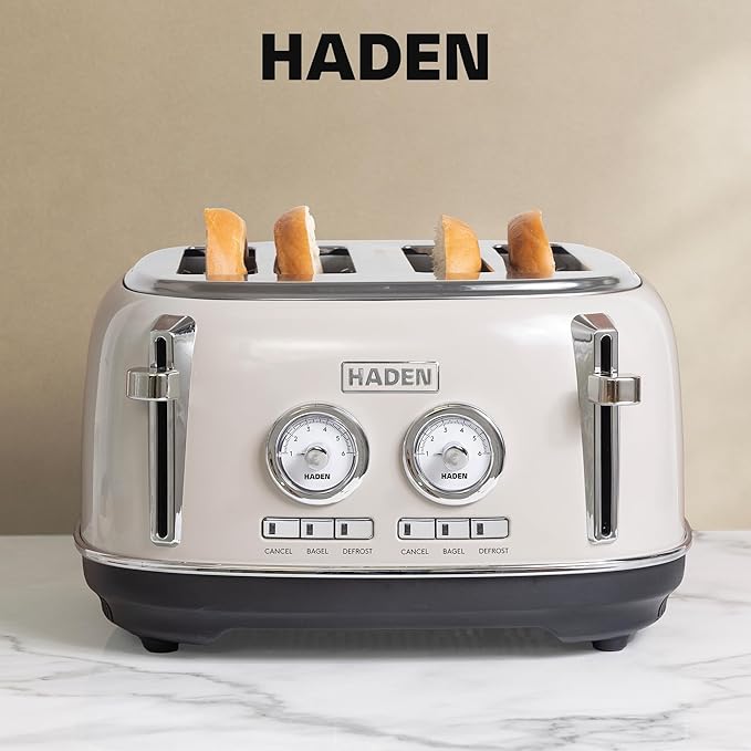 Haden Dorset 4-Slice Wide-Slot Toaster, Stainless-Steel Bread Toaster with Adjustable Browning Control, Crumb Tray & Non-Slip Feet, Putty & Chrome