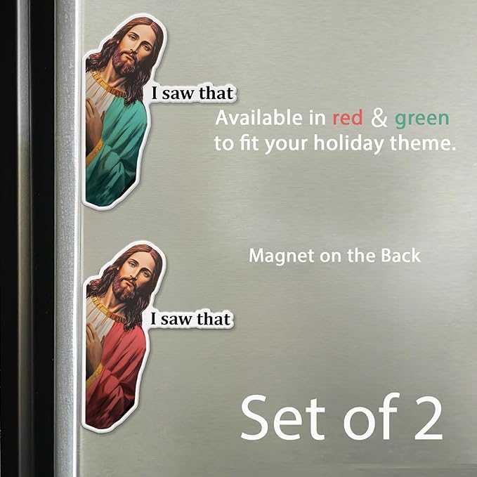Funny Jesus “I Saw That” Magnets, Funny Refrigerator Magnets for Car or Fridge, Cute Bible Meme Magnet Set, Funny Christian Humor Car Sticker Magnet, 3.5 Inch Pack of 2 (Red, Green)