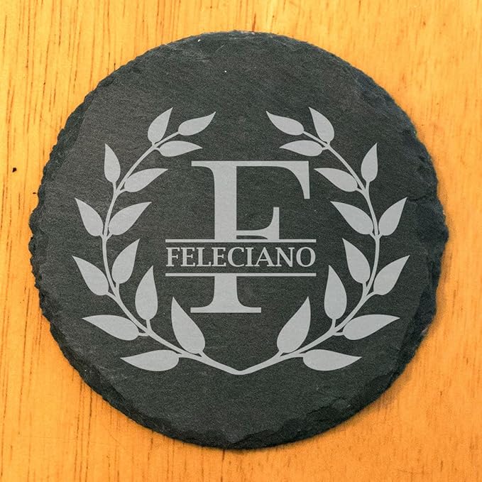 ustic Elegance: Personalized Slate Coasters with Wreath Design - Round Slate - Set of 5