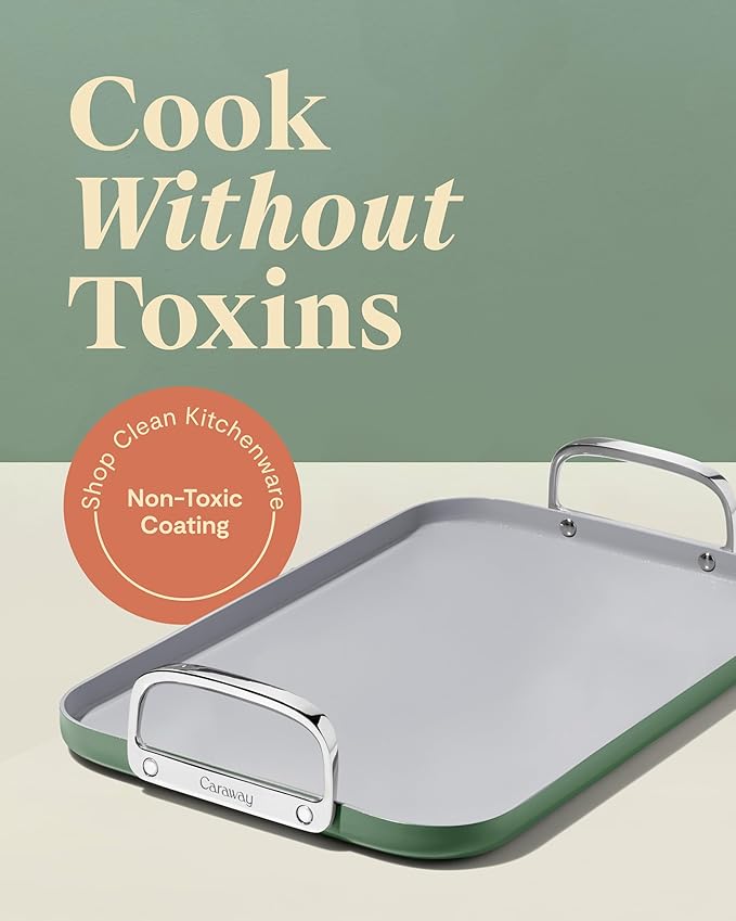 Caraway Double Burner Griddle - 19x12” Griddle Pan - Non-Stick Ceramic Coated - Non Toxic, PTFE & PFOA Free - Oven Safe & Compatible with All Stovetops - Sage