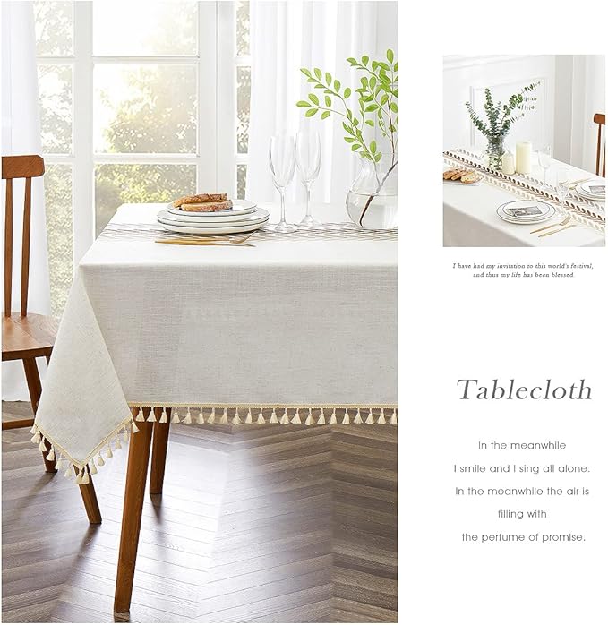 QIANQUHUI Embroidered Tablecloth for Dining Table,Dust Proof Spillproof Soil Resistant Cotton Linen Rectangle Table Cloths (Coffee Wheat, Rectangle/Oblong, 55'x120'', 10-12 Seats)